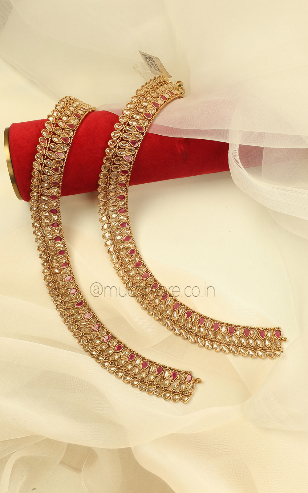 Ruby Color Antique Gold Polish Payal Anklets for Women