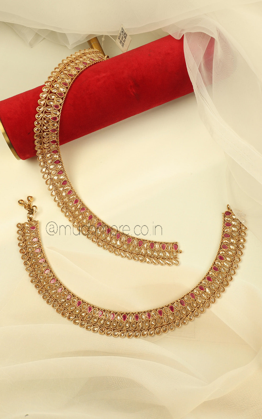 Ruby Color Antique Gold Polish Payal Anklets for Women