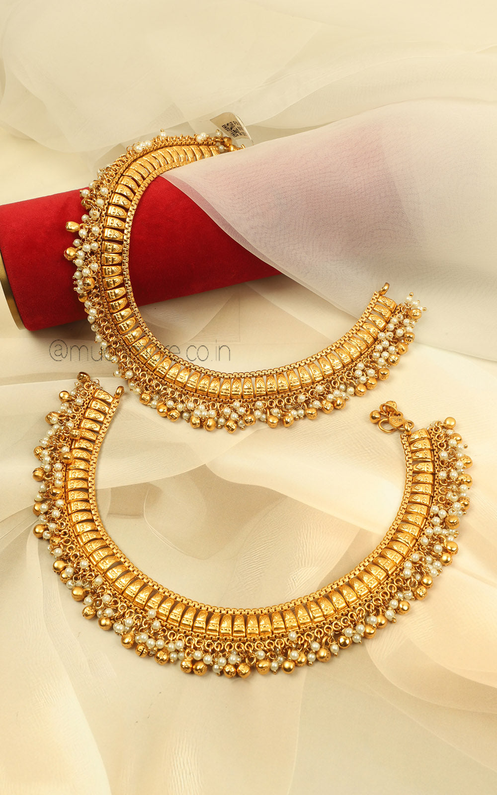 Gold Look Traditional Payal Anklet With Pearl Hangings For Bride To Be