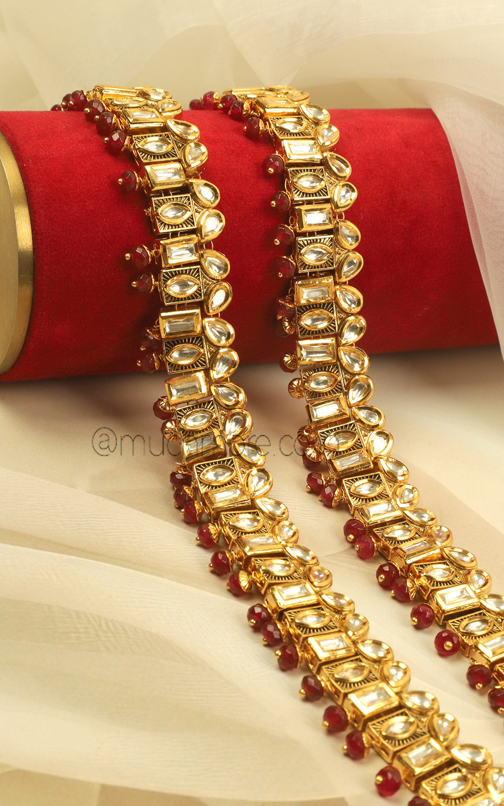 Luxury Kundan Ruby Beads Payal Online | Gold Finish