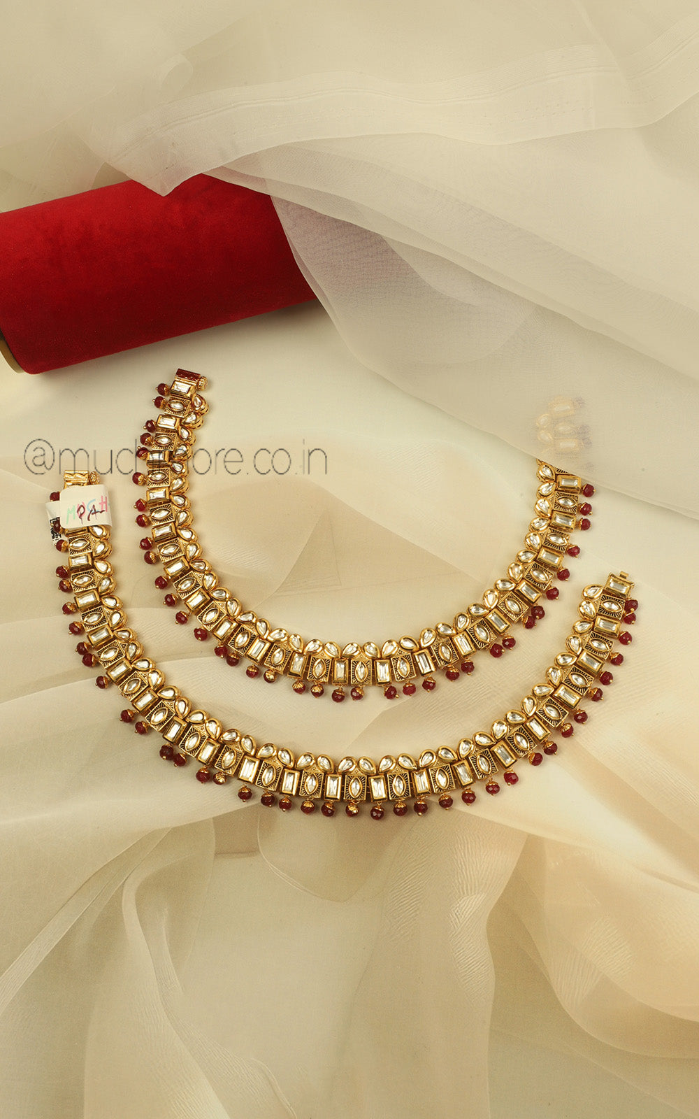 Luxury Kundan Ruby Beads Payal Online | Gold Finish