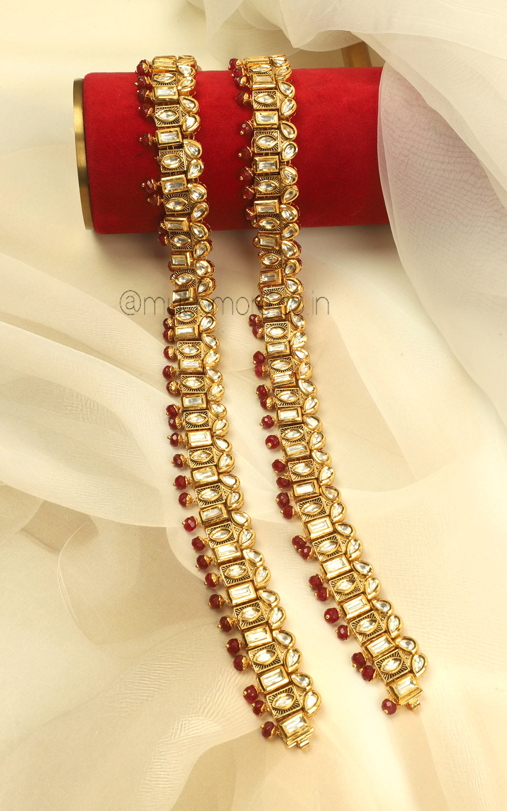 Luxury Kundan Ruby Beads Payal Online | Gold Finish