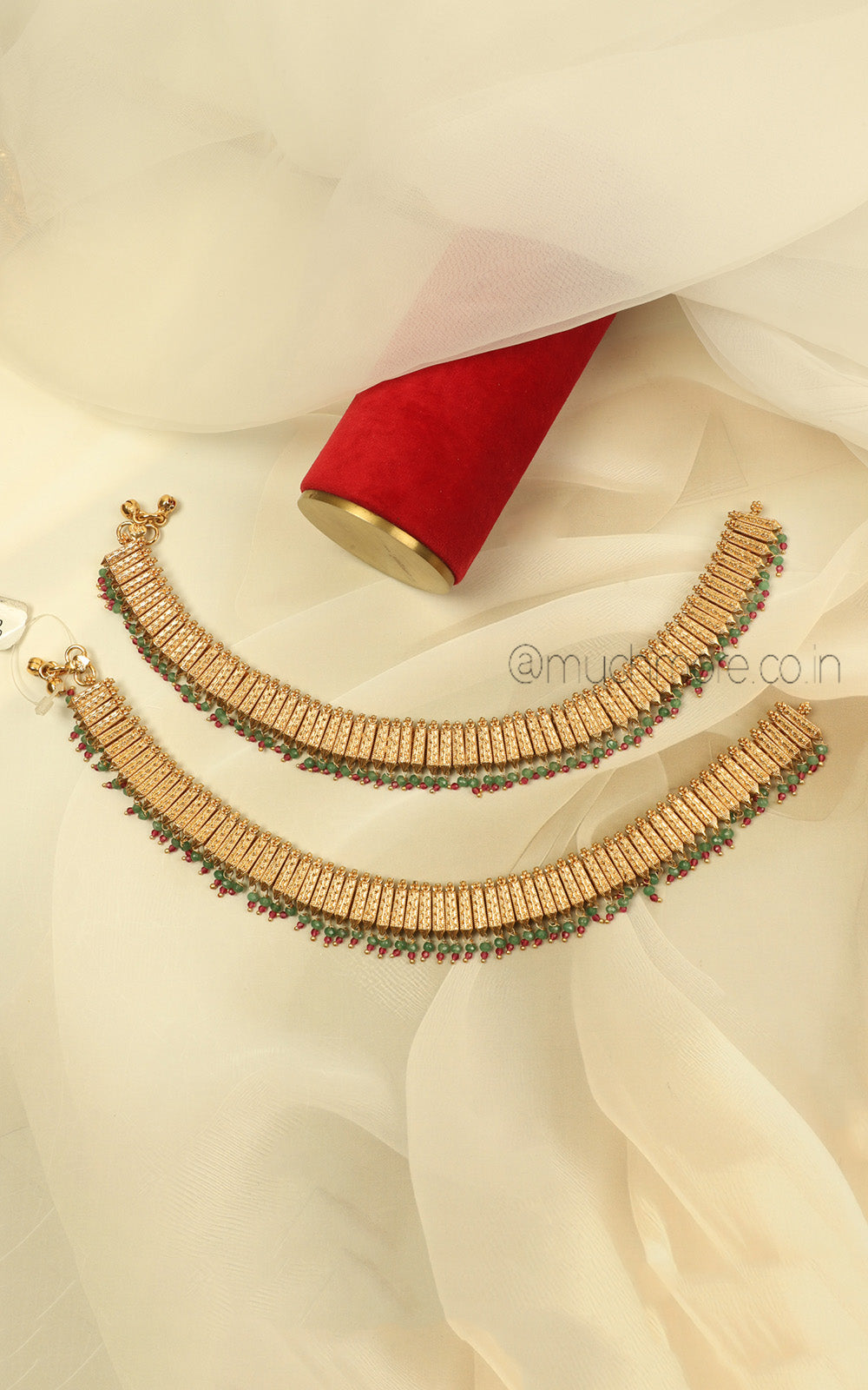 Traditional Gold Look Payal With Elegant Design Of Ruby Green Beads