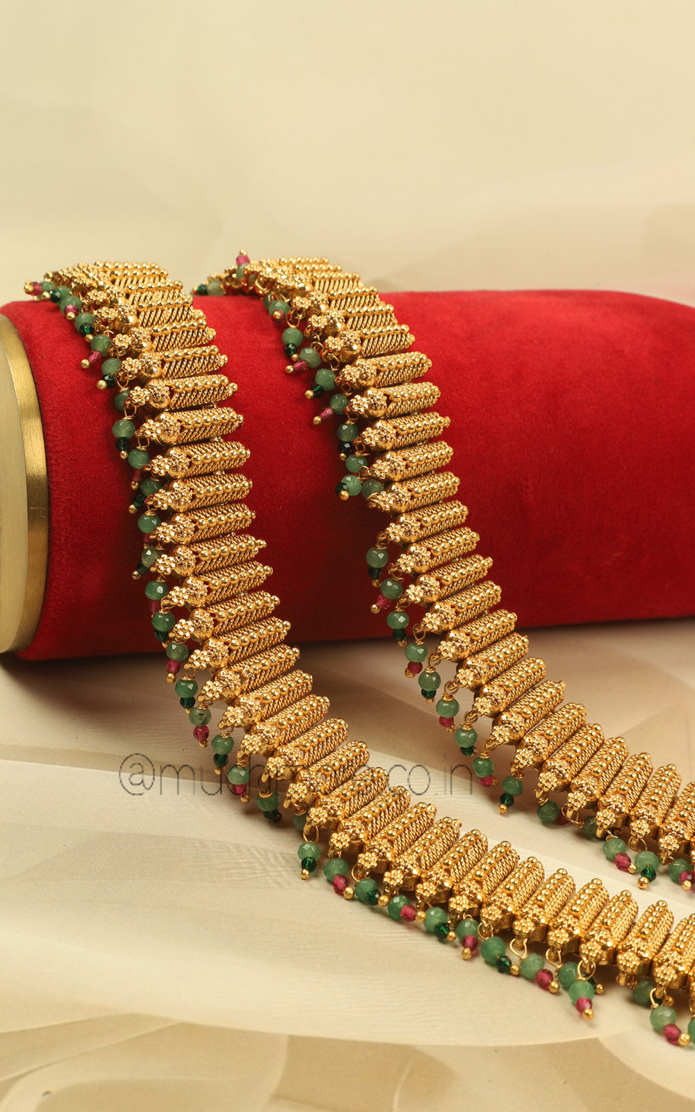 Shop Gold Look Payal With Of Ruby Green Beads For Bride To Be