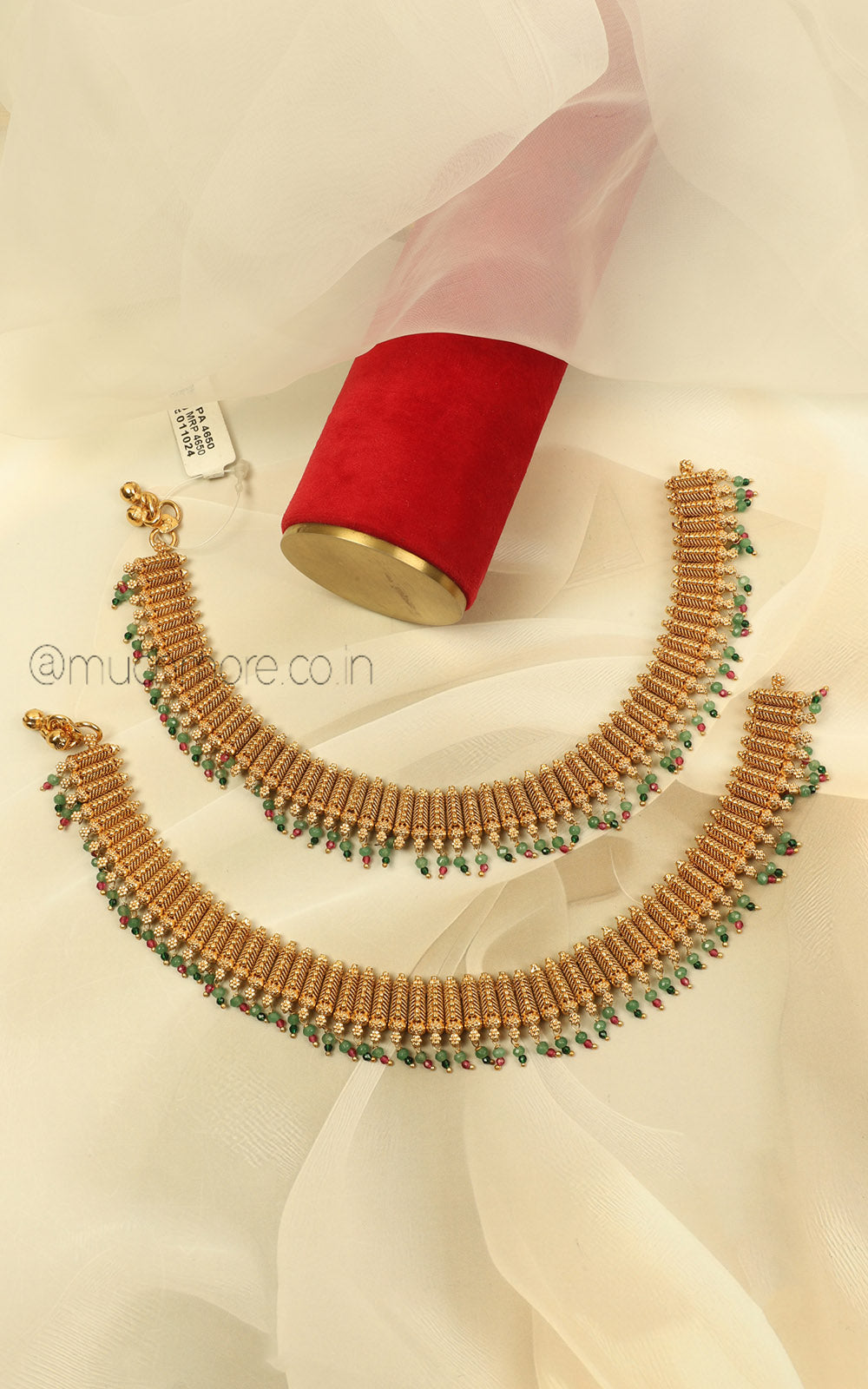 Shop Gold Look Payal With Of Ruby Green Beads For Bride To Be