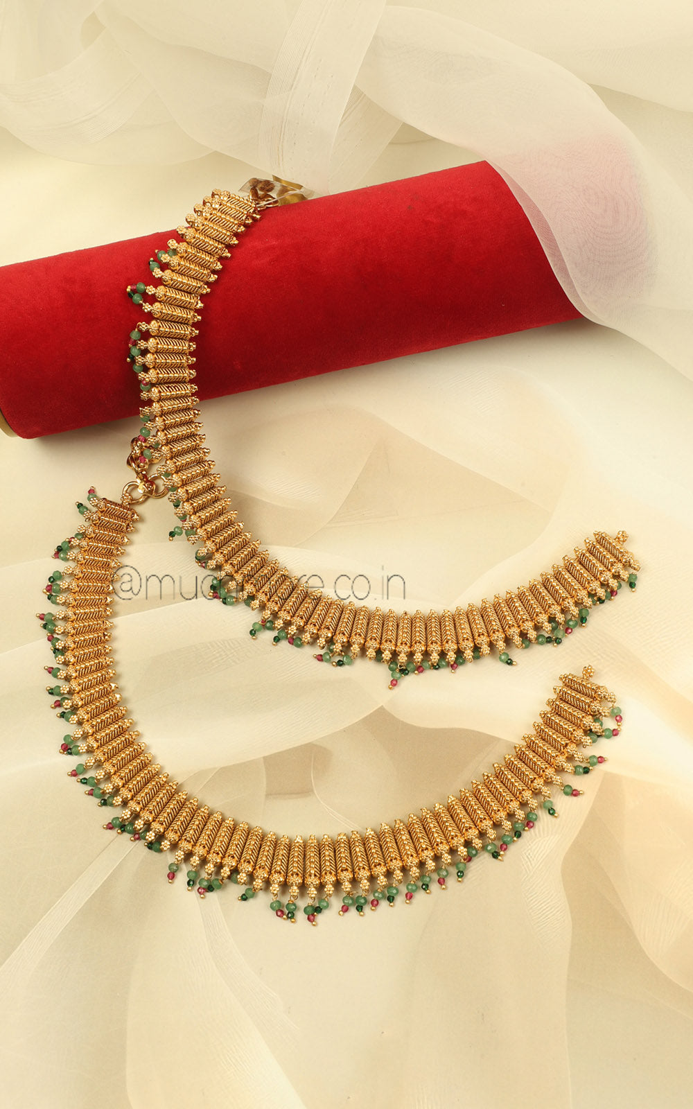 Shop Gold Look Payal With Of Ruby Green Beads For Bride To Be