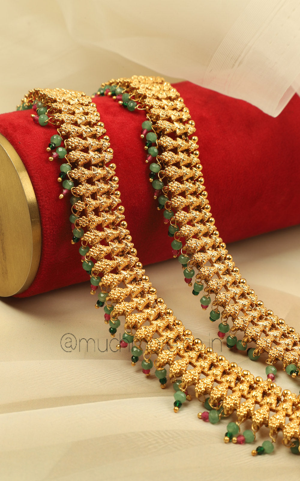 Ruby Green Beads Hanging Gold Look Bridal Anklets Payal