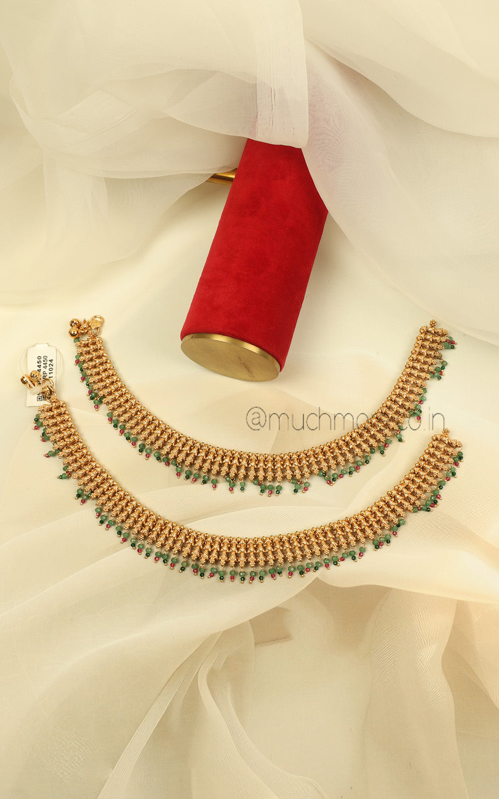 Ruby Green Beads Hanging Gold Look Bridal Anklets Payal