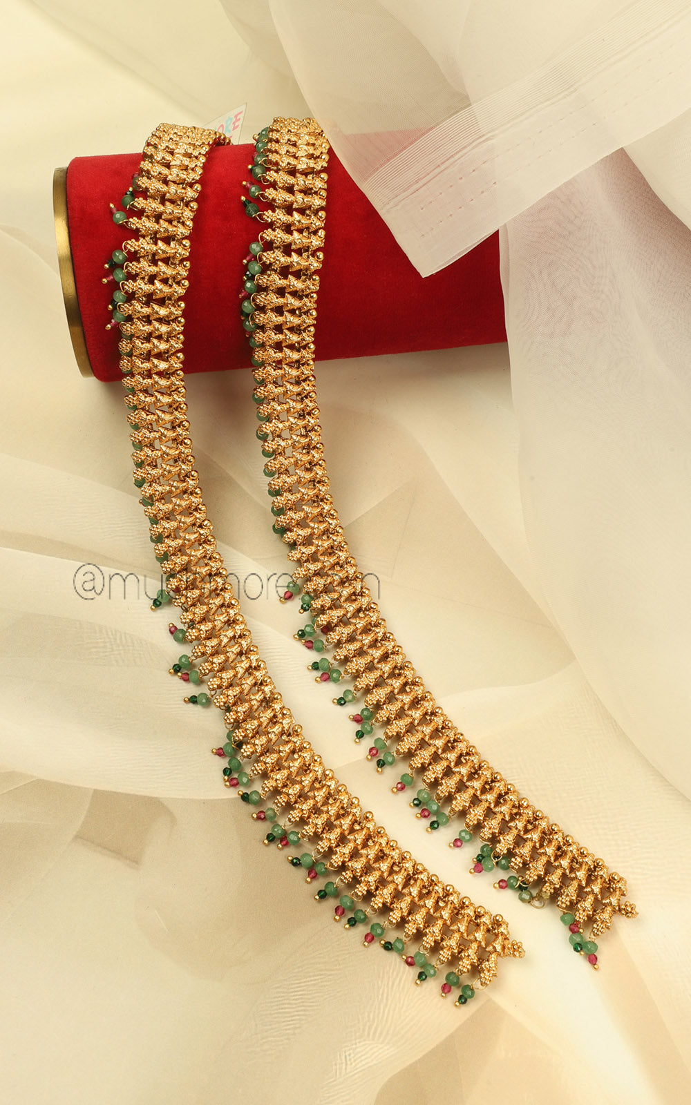 Ruby Green Beads Hanging Gold Look Bridal Anklets Payal