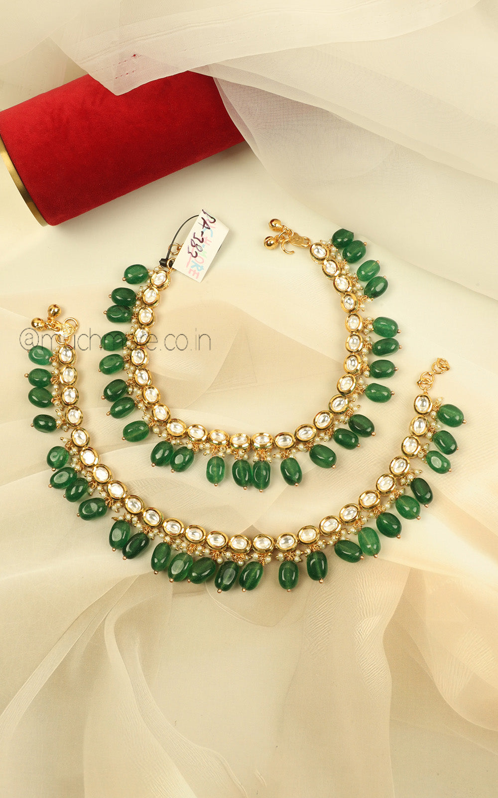 Designer Ethnic Emerald Drops Payal Anklets In Gold Polish