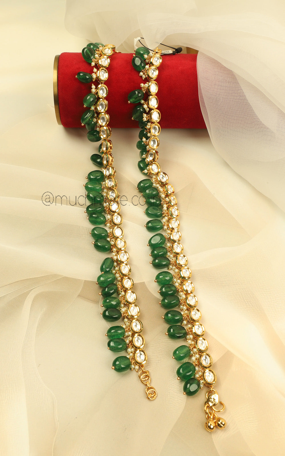 Designer Ethnic Emerald Drops Payal Anklets In Gold Polish