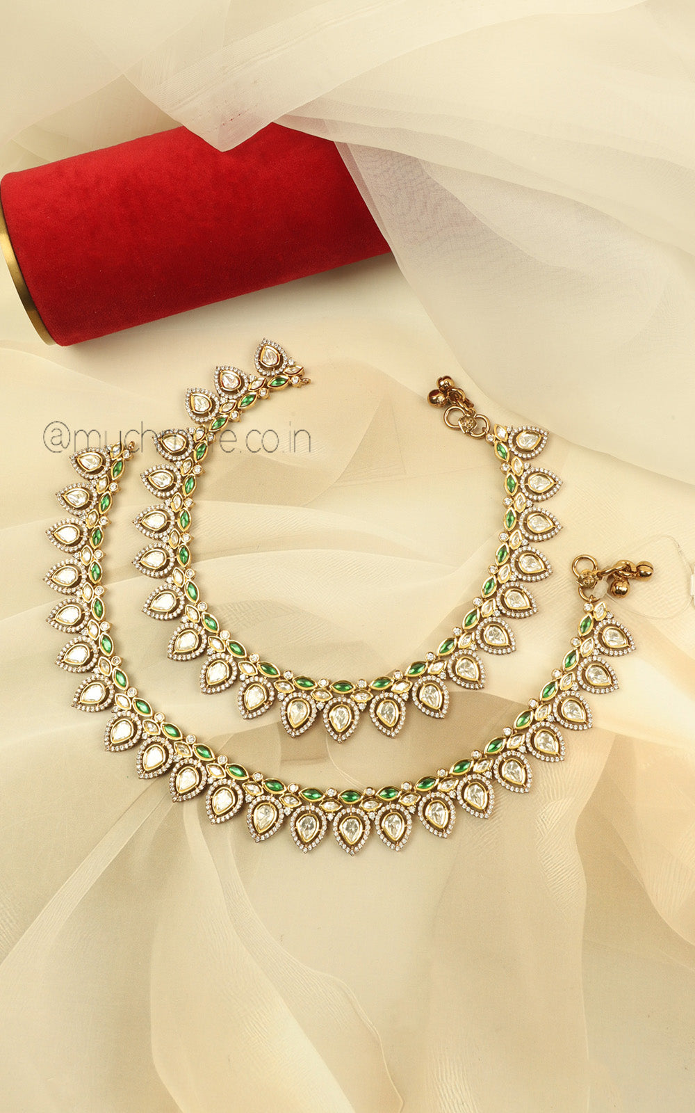 Premium Gold Polish Emerald Green Payal Anklets For Women
