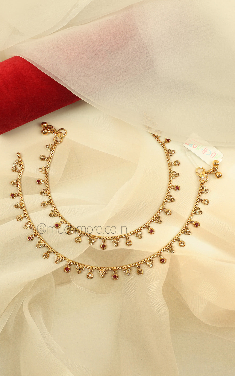 Traditional Bridal Ruby Color Payal With Gold Finish Shine