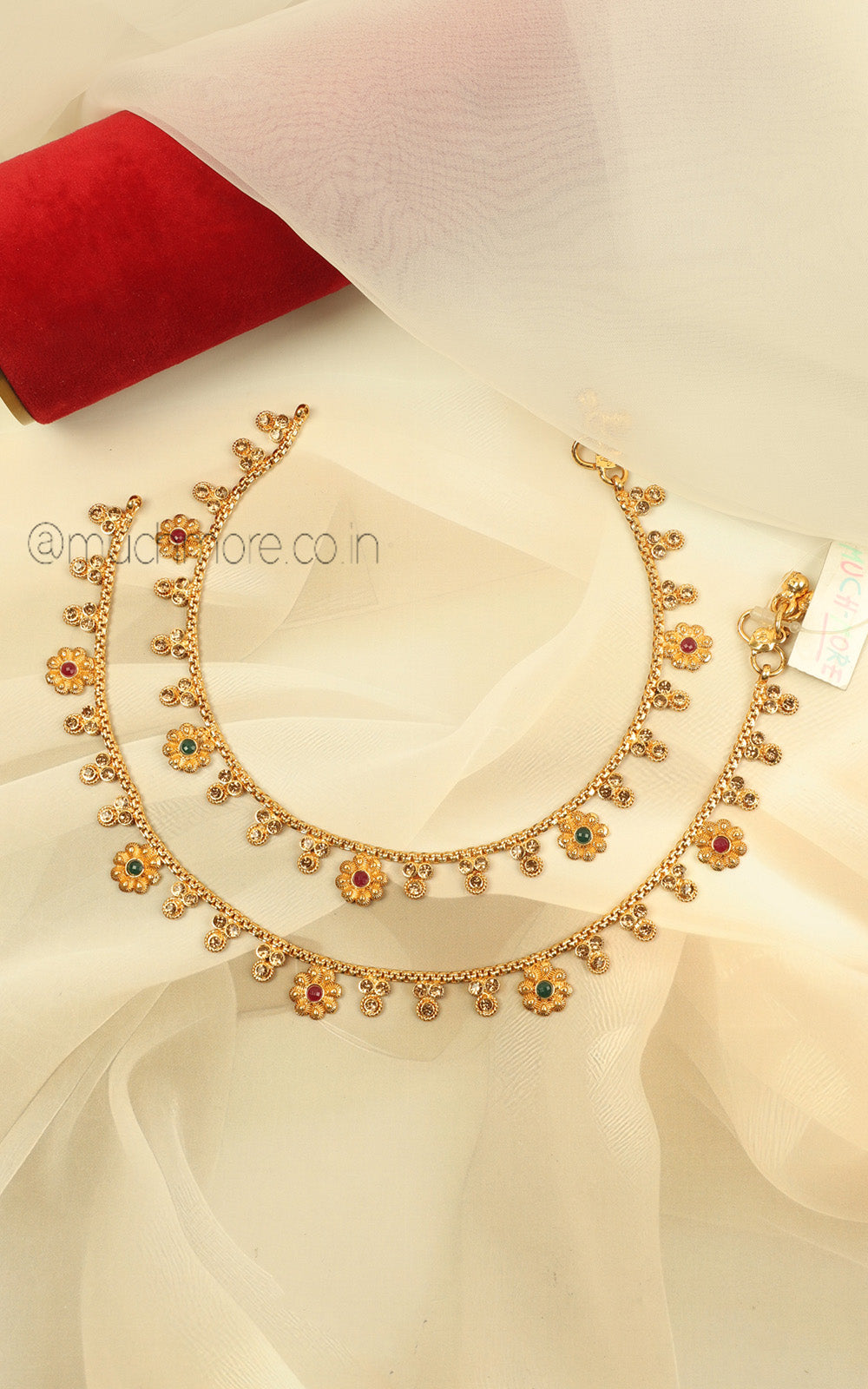 Ruby Green Flower Gold Look Light Payal Anklets