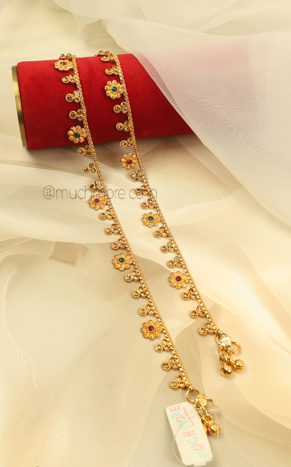 Ruby Green Flower Gold Look Light Payal Anklets