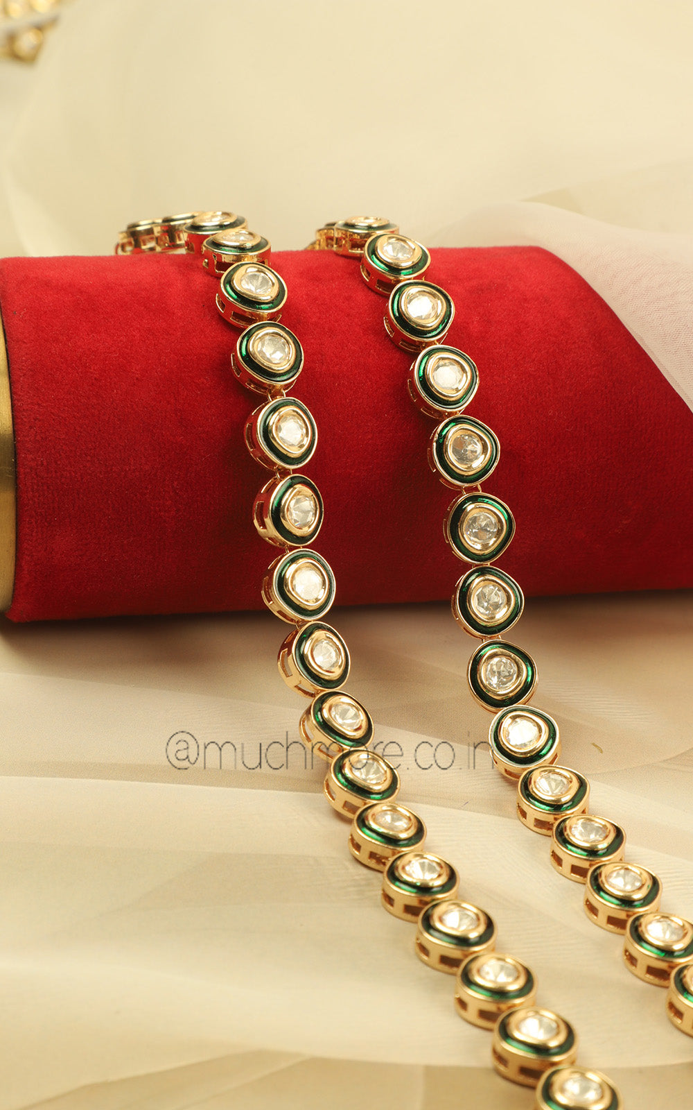 Gold Polish Emerald Green Enamel Work Light Payal Anklets