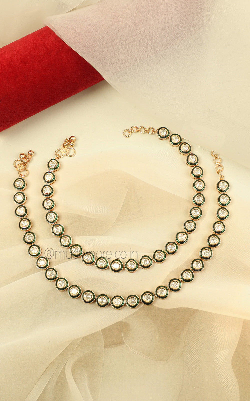 Gold Polish Emerald Green Enamel Work Light Payal Anklets
