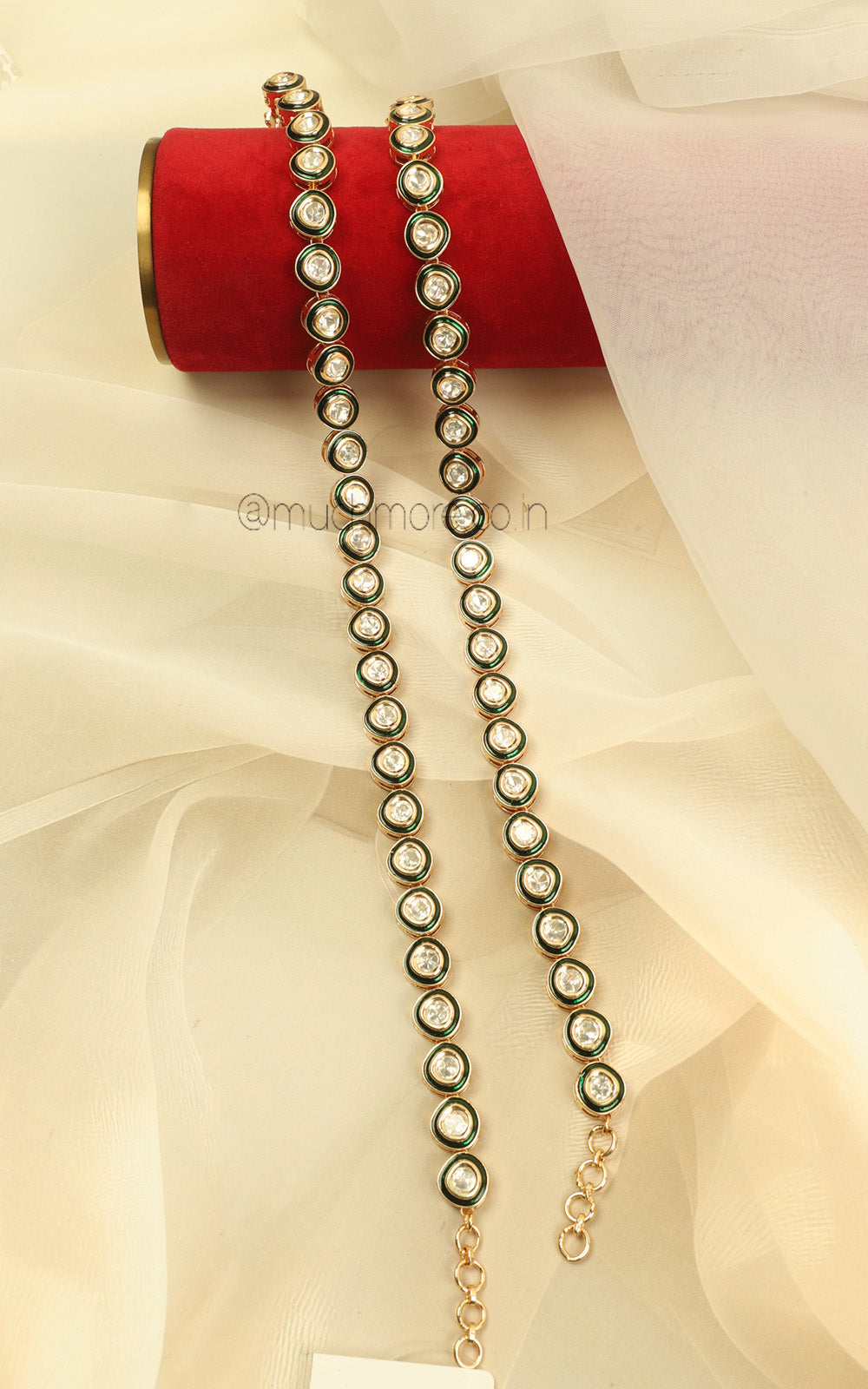 Gold Polish Emerald Green Enamel Work Light Payal Anklets
