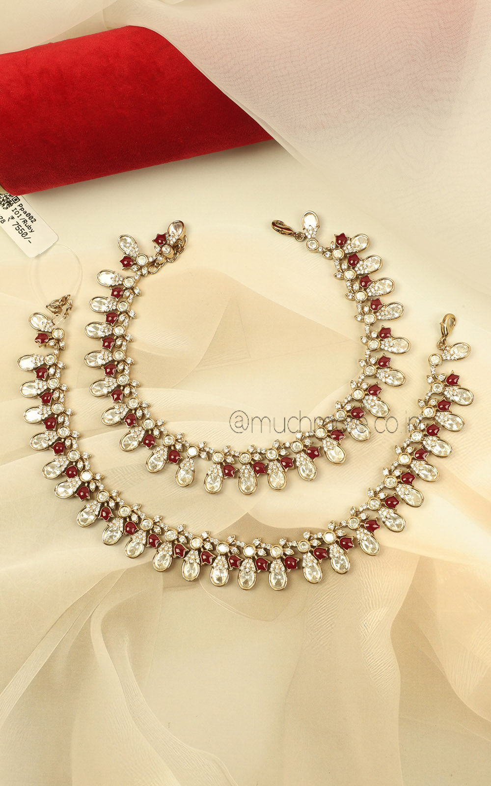 Shop Trendy Kundan Ruby Payal Anklets With Elegant Gold Polish Finish