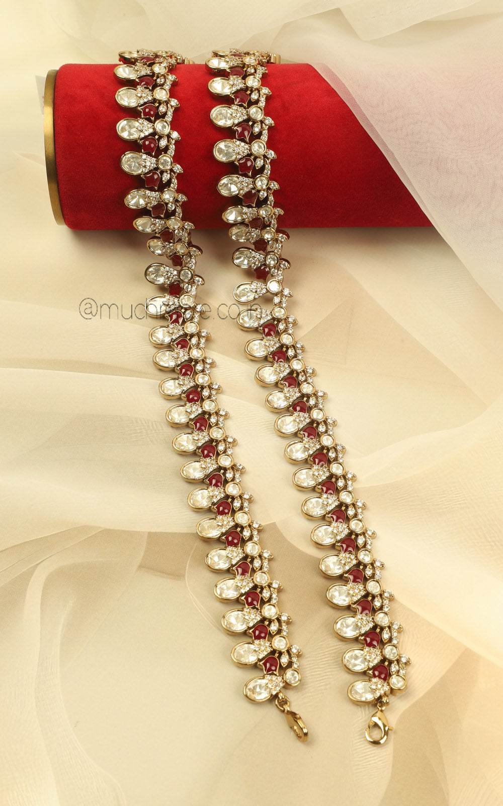 Shop Trendy Kundan Ruby Payal Anklets With Elegant Gold Polish Finish