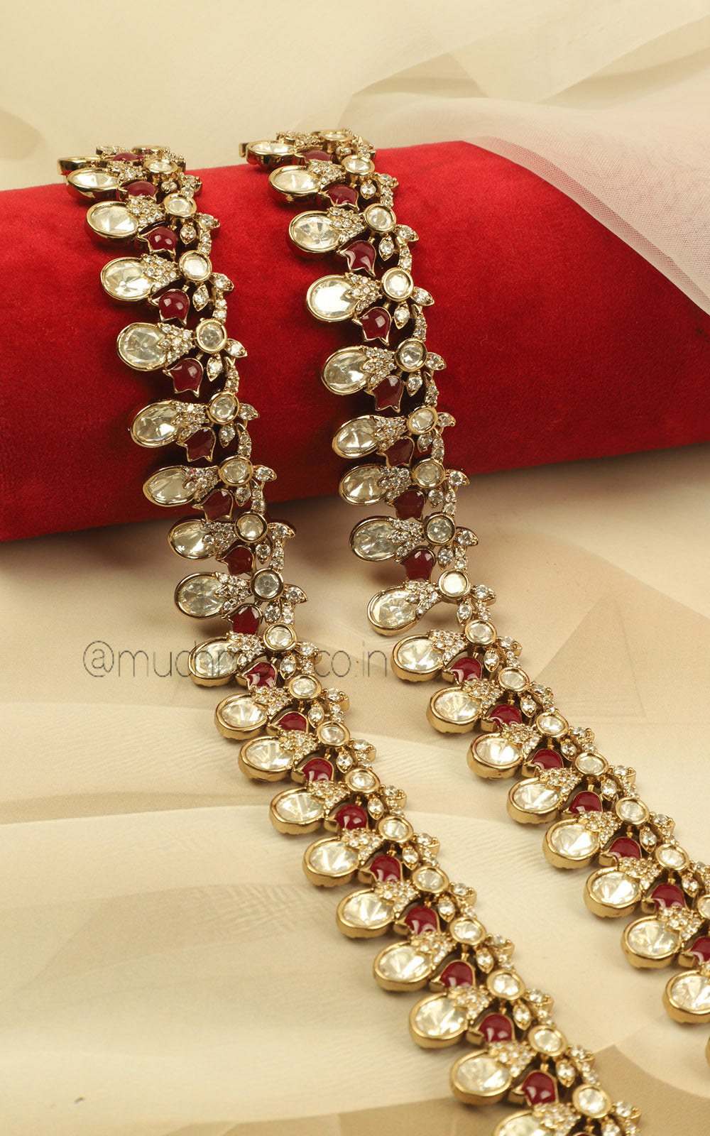 Shop Trendy Kundan Ruby Payal Anklets With Elegant Gold Polish Finish
