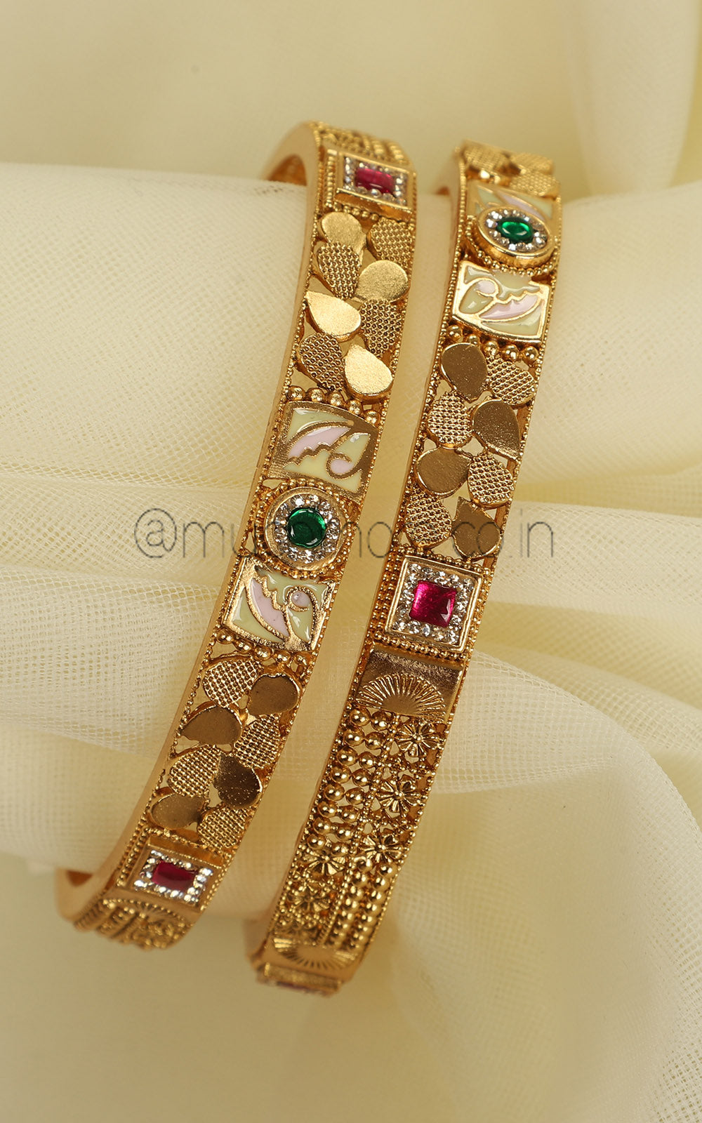 Sleek Gold Look Ruby Green Bangles For Women