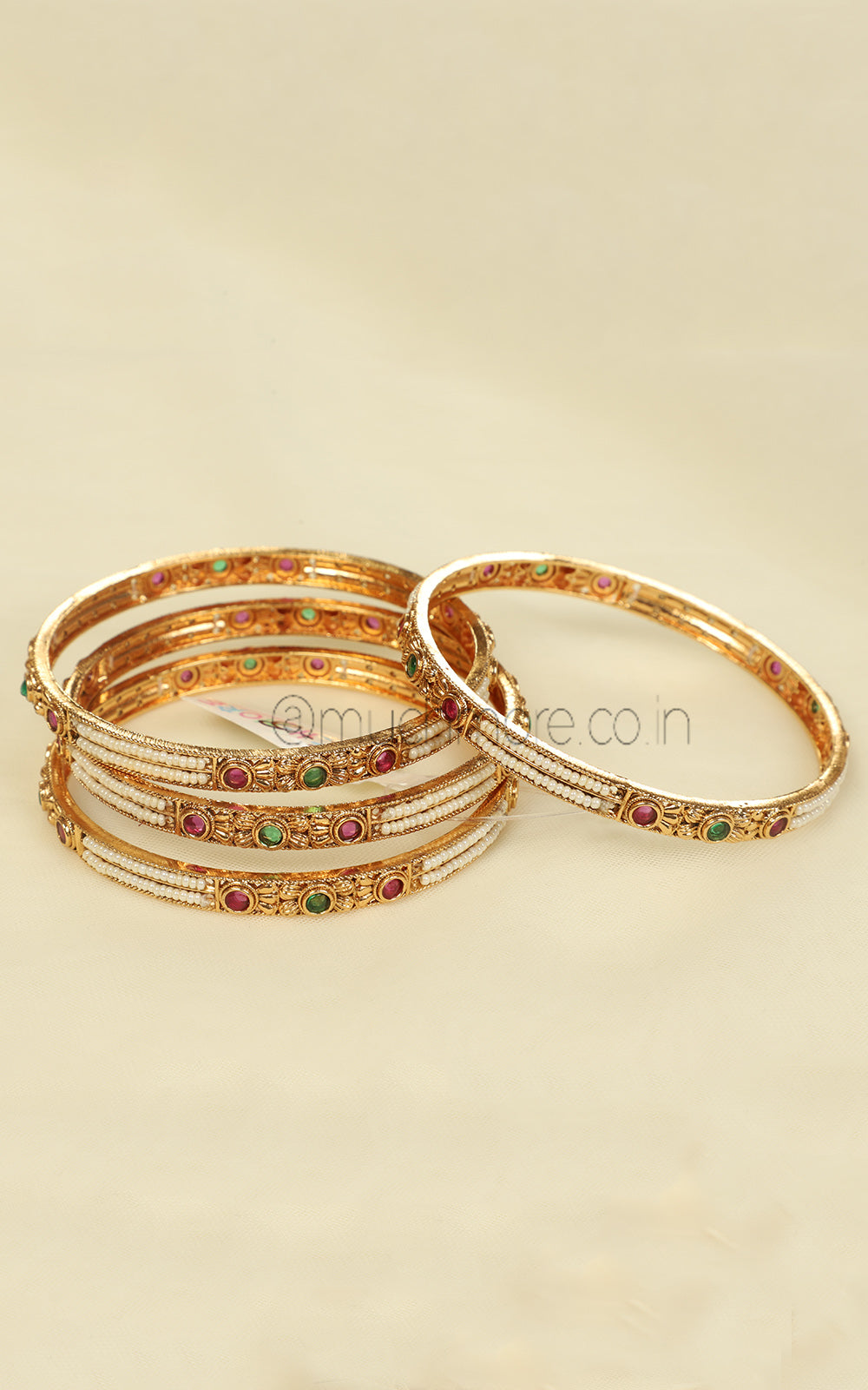 Sleek Gold Look Ruby Green With Pearls Bangles Set Of 4