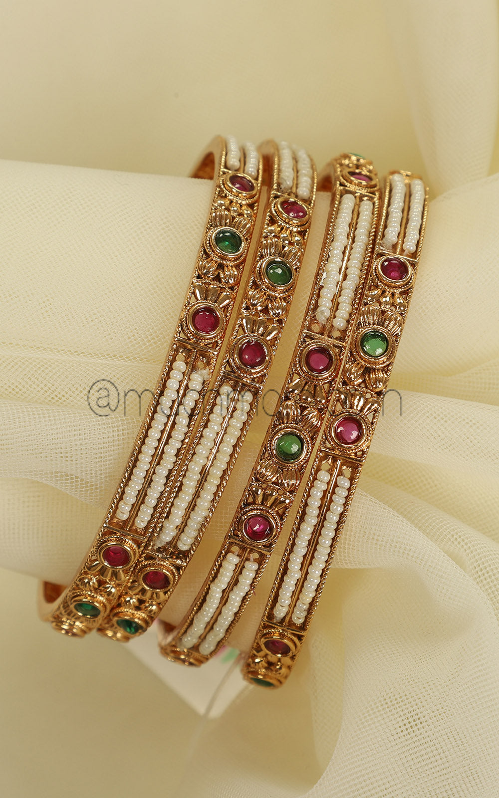 Sleek Gold Look Ruby Green With Pearls Bangles Set Of 4