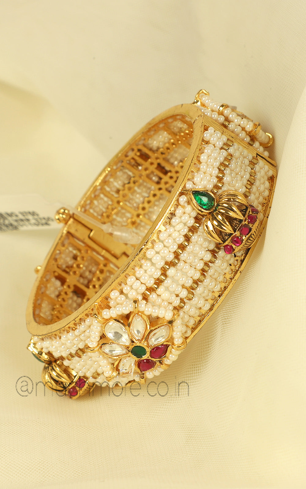 Gold Polish Ruby Green Combination Pearl Kada Bangles
