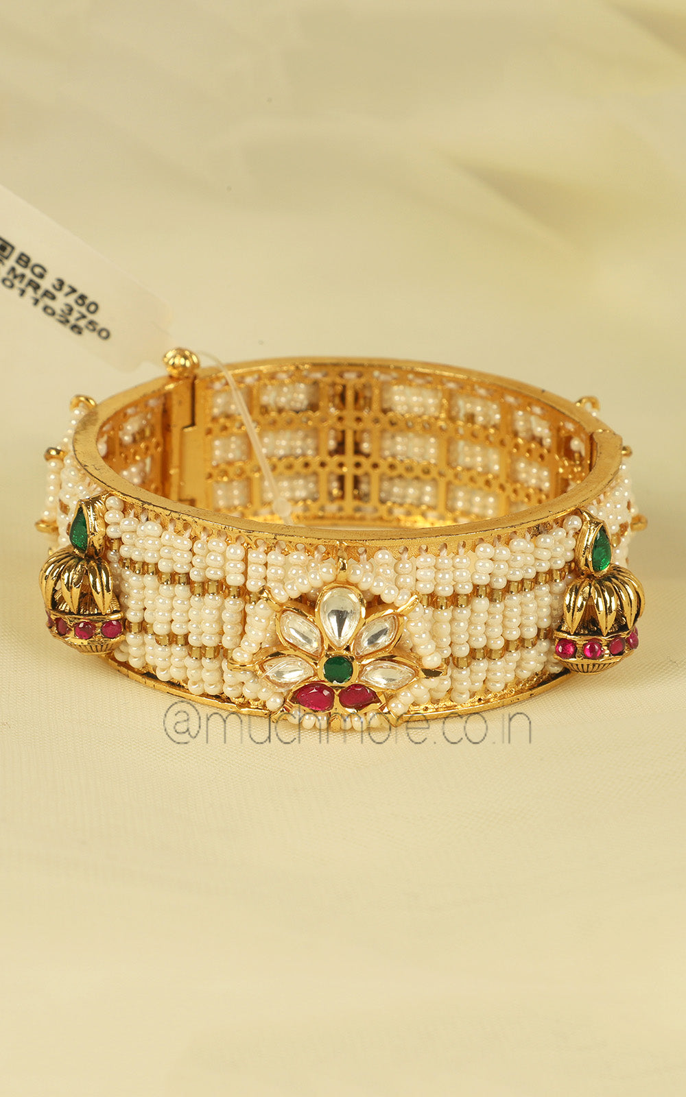Gold Polish Ruby Green Combination Pearl Kada Bangles