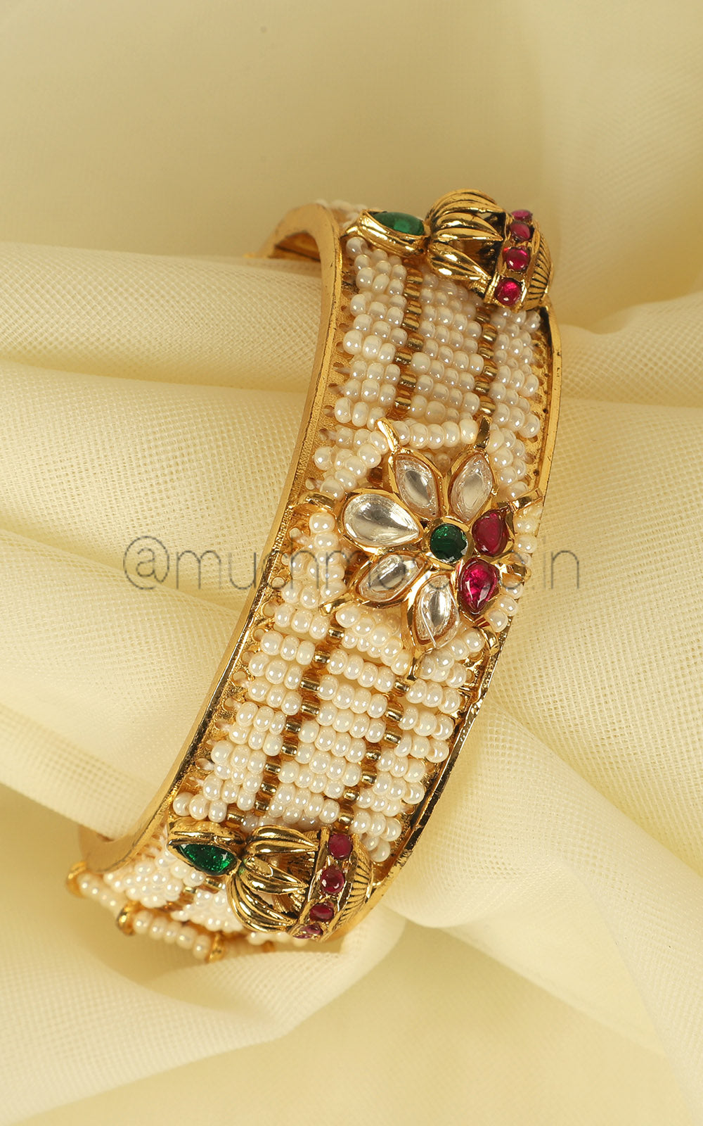 Gold Polish Ruby Green Combination Pearl Kada Bangles