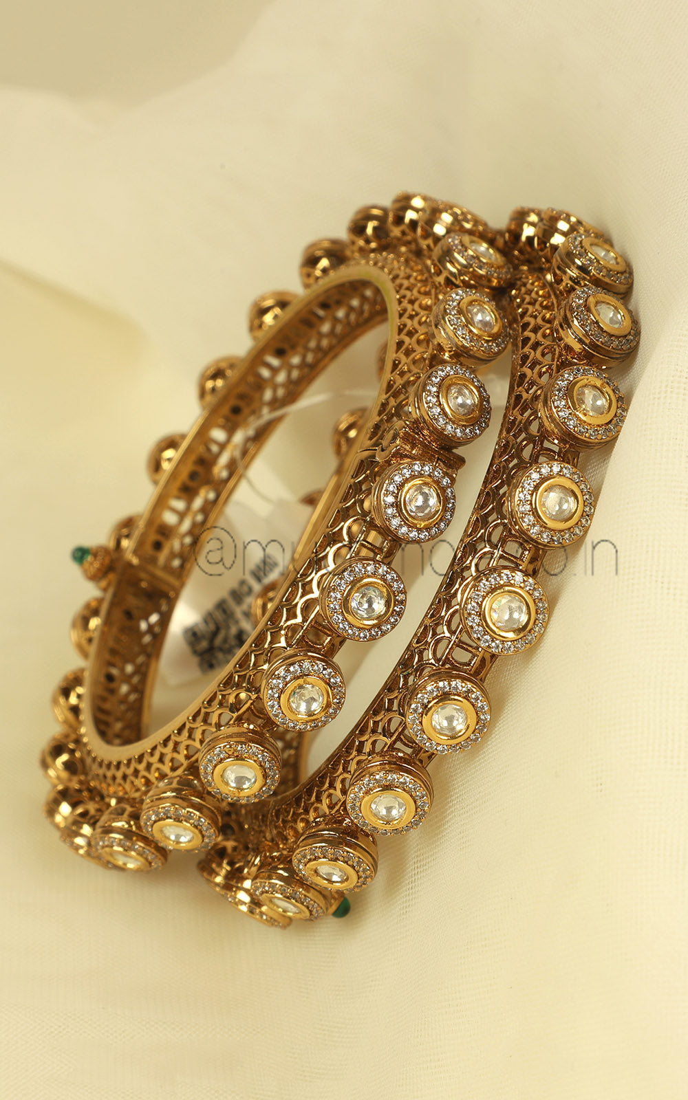 Antique Gold Polish Pacheli Style Bangles With Kundan