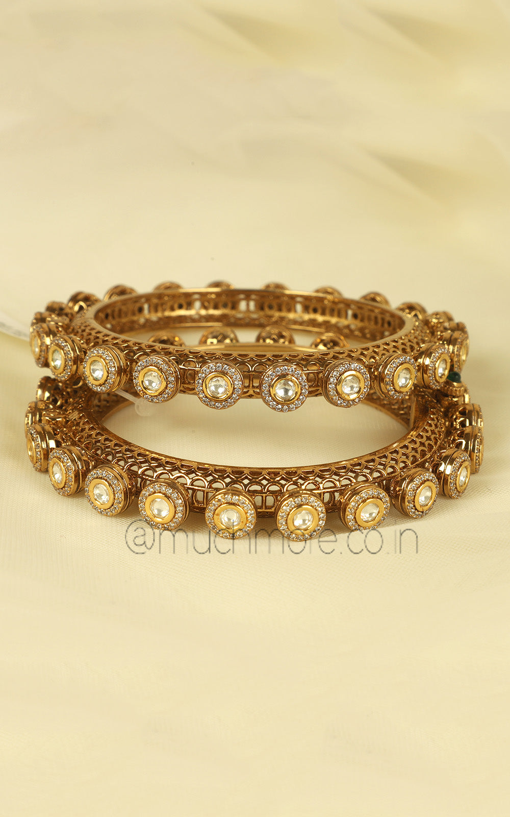 Antique Gold Polish Pacheli Style Bangles With Kundan