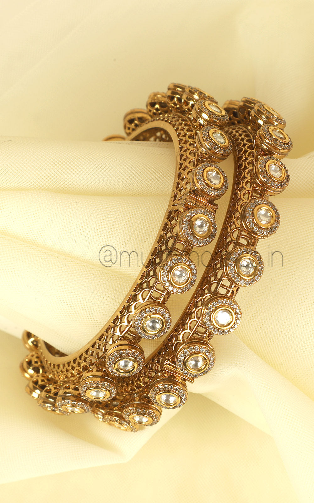 Antique Gold Polish Pacheli Style Bangles With Kundan