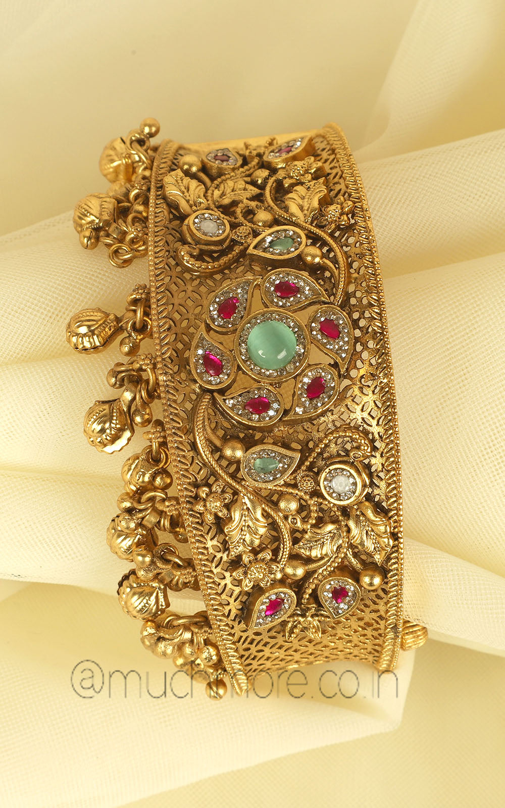 Gold Look Bracelet Style Ruby Green With Hanging Bangle