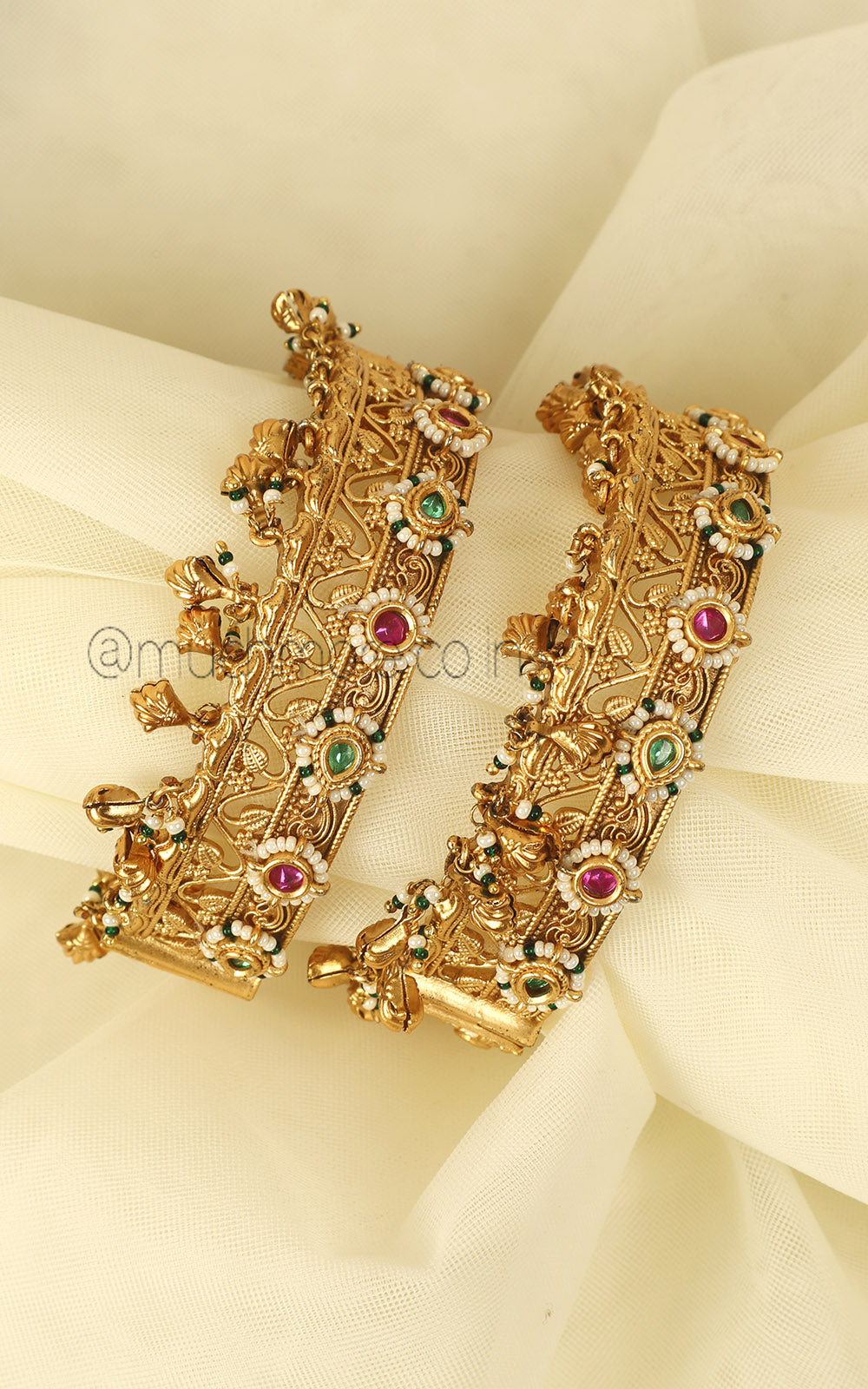 Ruby Green Gold Look Pearl Bangles With Hangings
