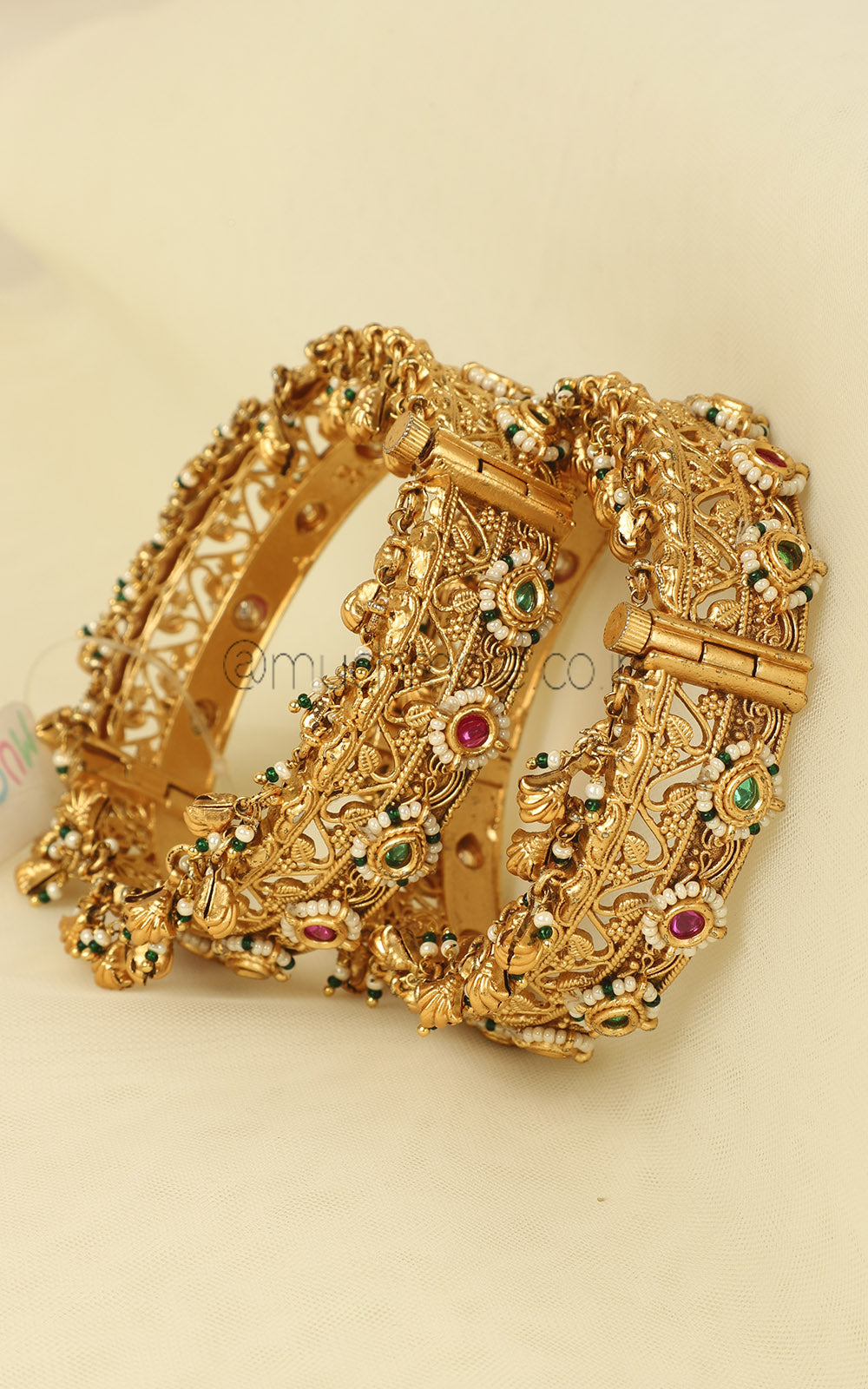 Ruby Green Gold Look Pearl Bangles With Hangings