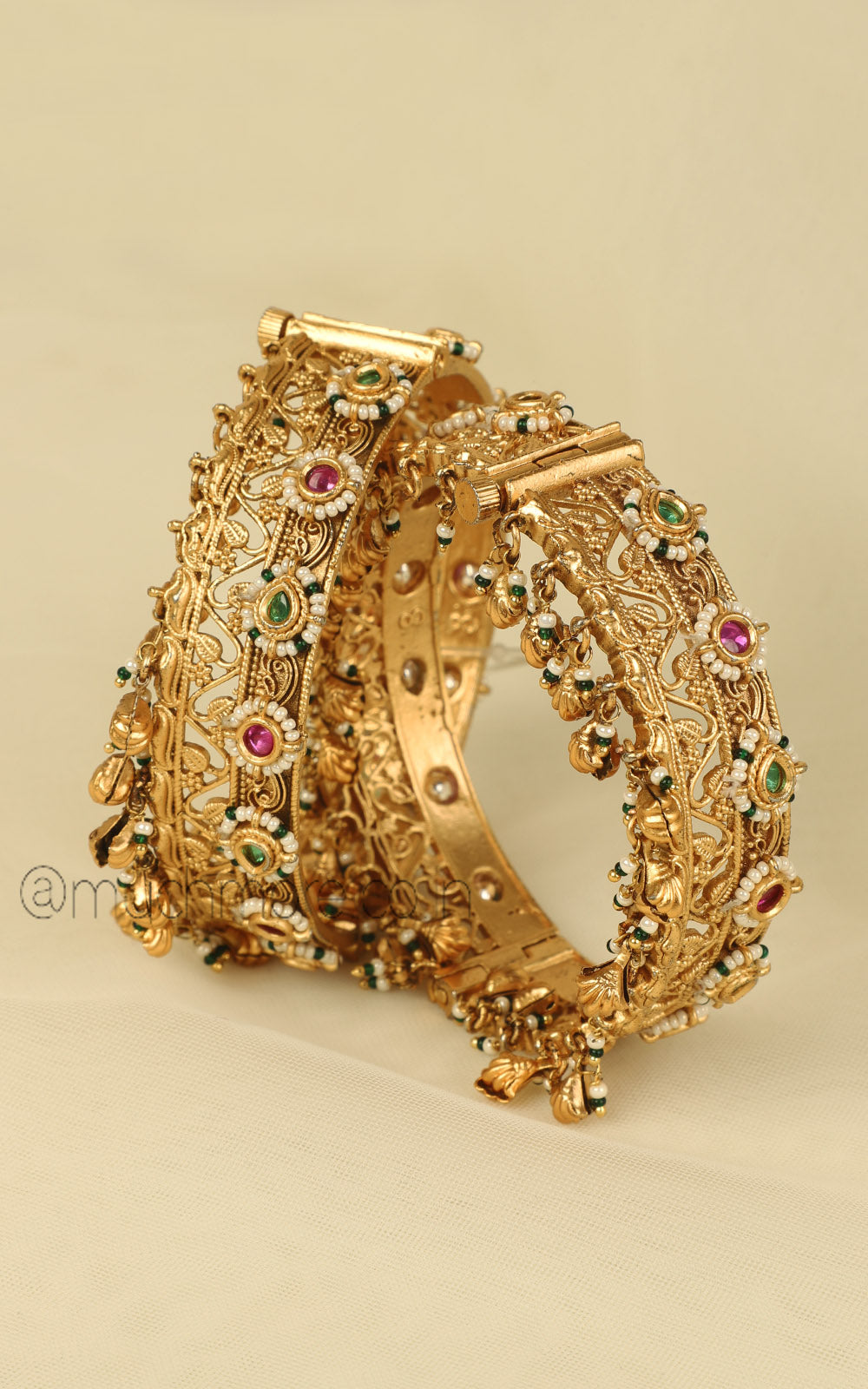 Ruby Green Gold Look Pearl Bangles With Hangings
