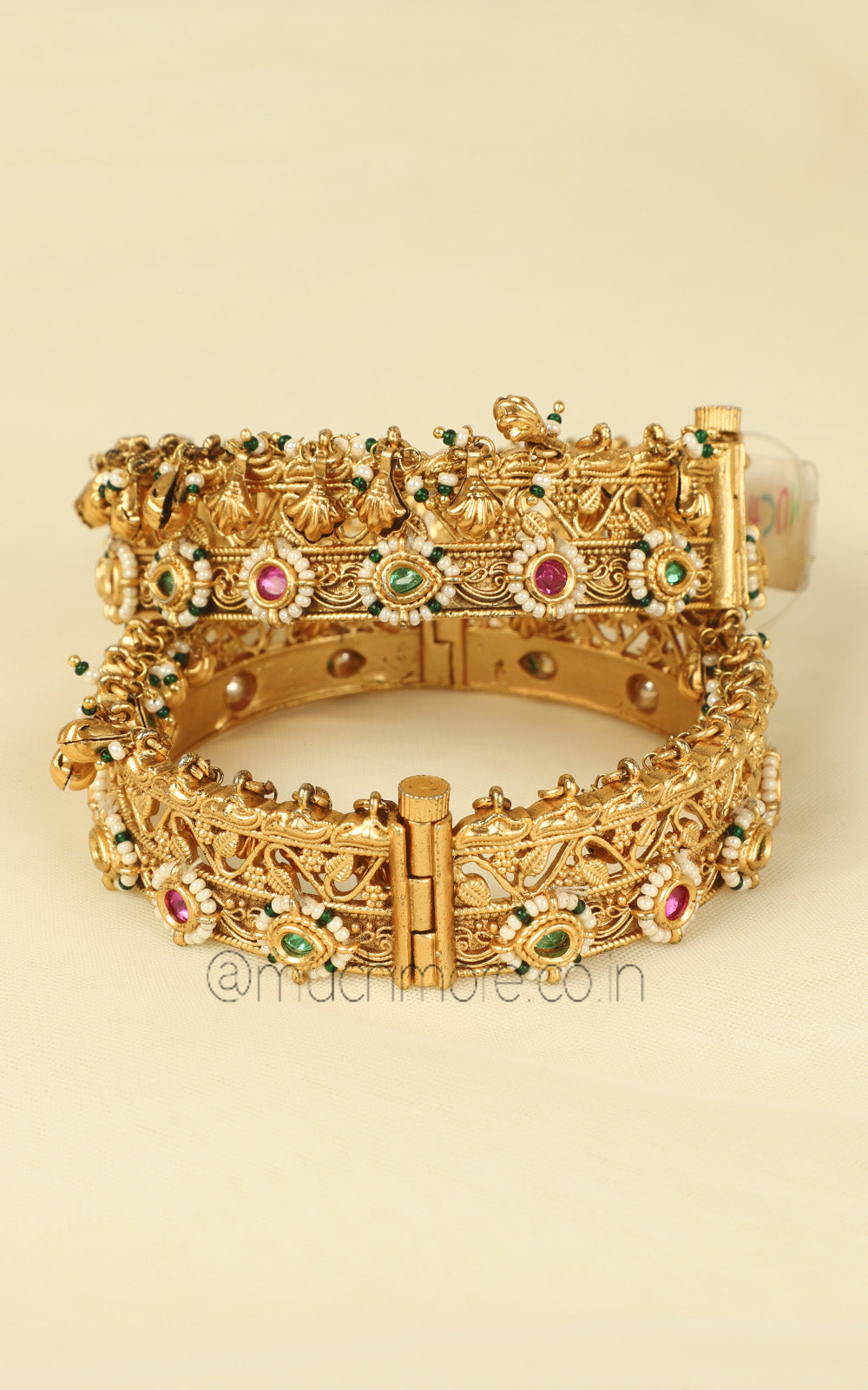 Ruby Green Gold Look Pearl Bangles With Hangings