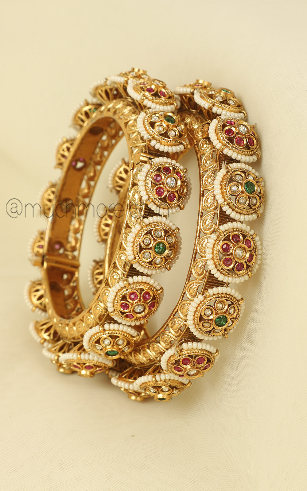 Much More Ruby Green Pearl Gold Look Pacheli Bangles