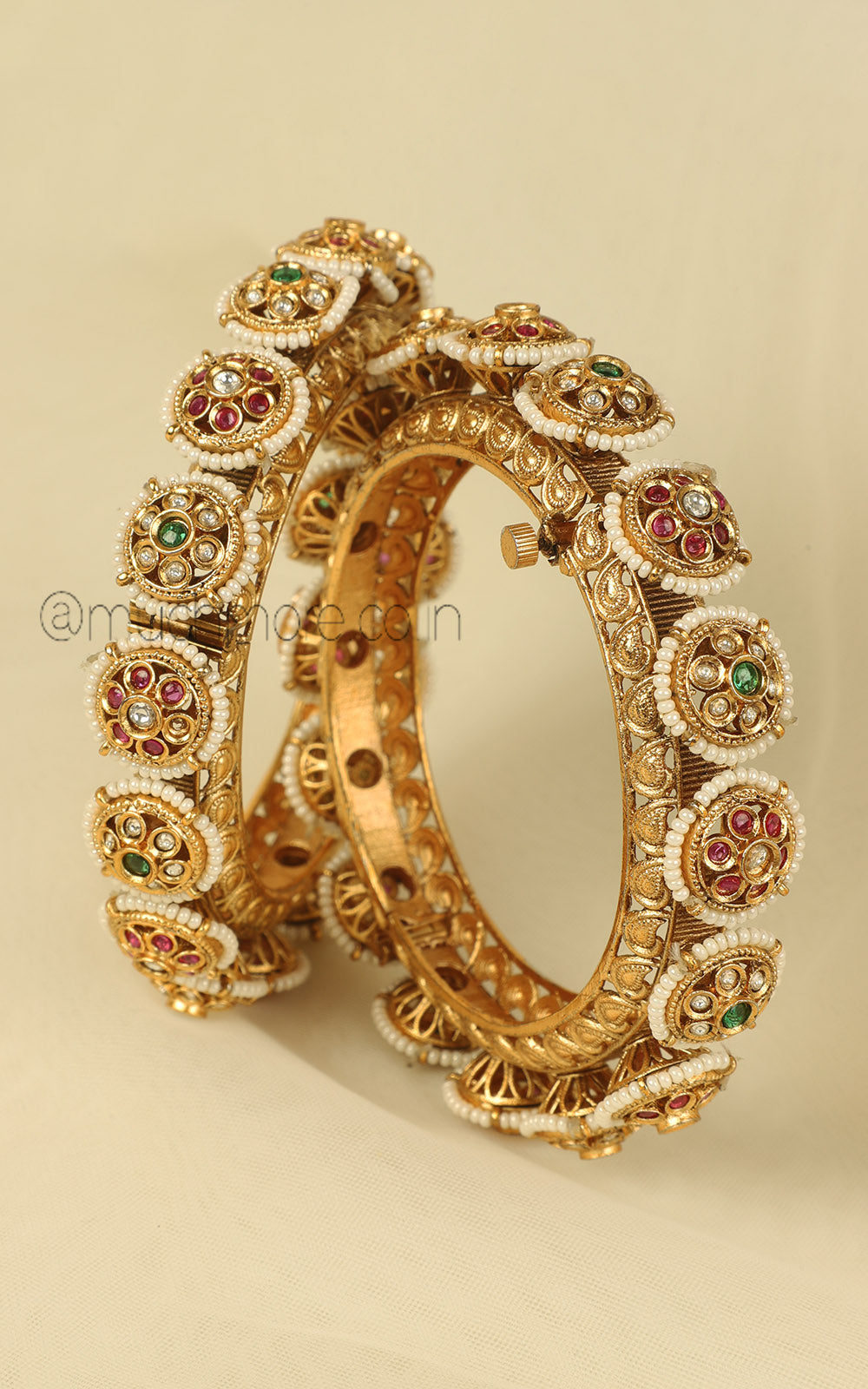 Much More Ruby Green Pearl Gold Look Pacheli Bangles