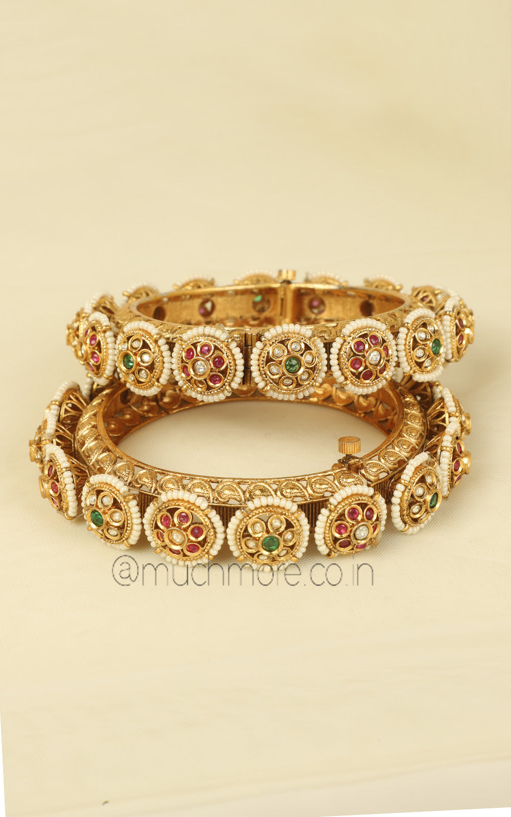 Much More Ruby Green Pearl Gold Look Pacheli Bangles