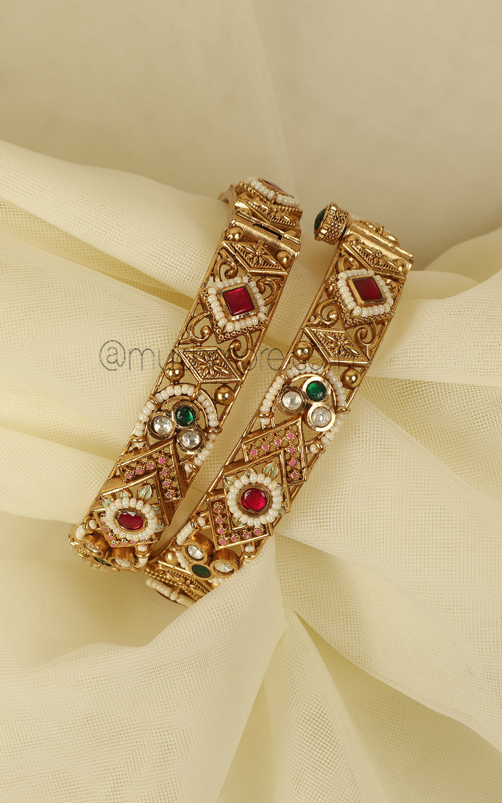 Sleek Kundan Ruby Green Gold Bangles For Women