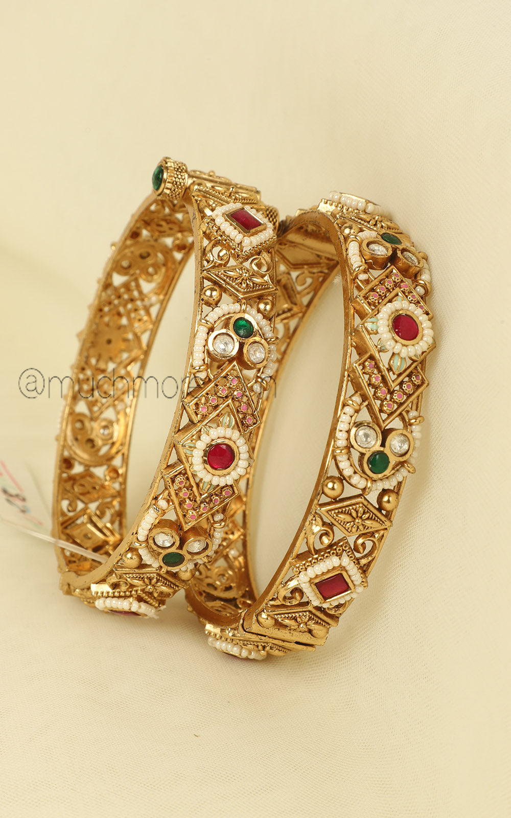 Sleek Kundan Ruby Green Gold Bangles For Women