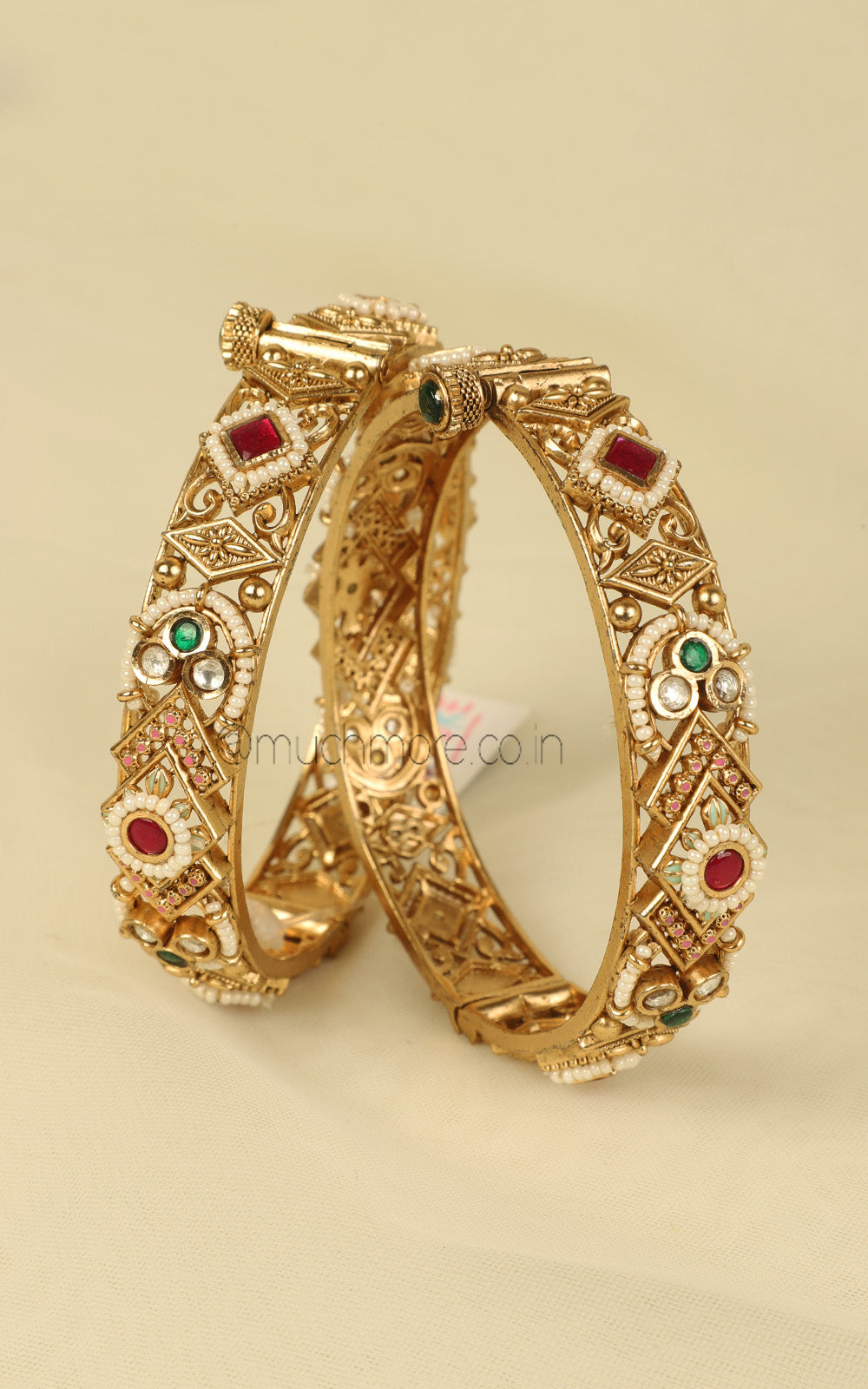 Sleek Kundan Ruby Green Gold Bangles For Women