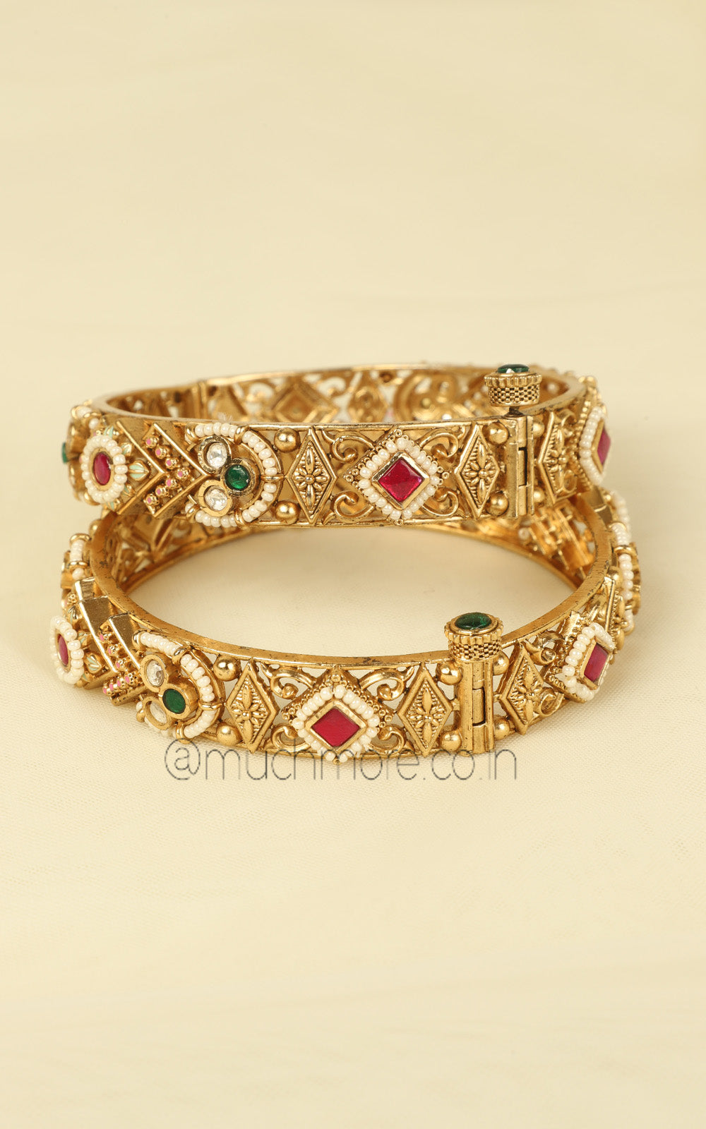 Sleek Kundan Ruby Green Gold Bangles For Women