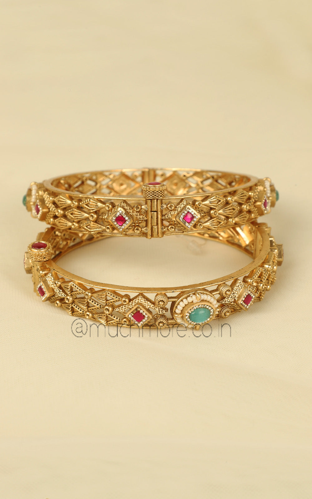 Mint Green Ruby Color Gold Look Sleek Pearl Bangles