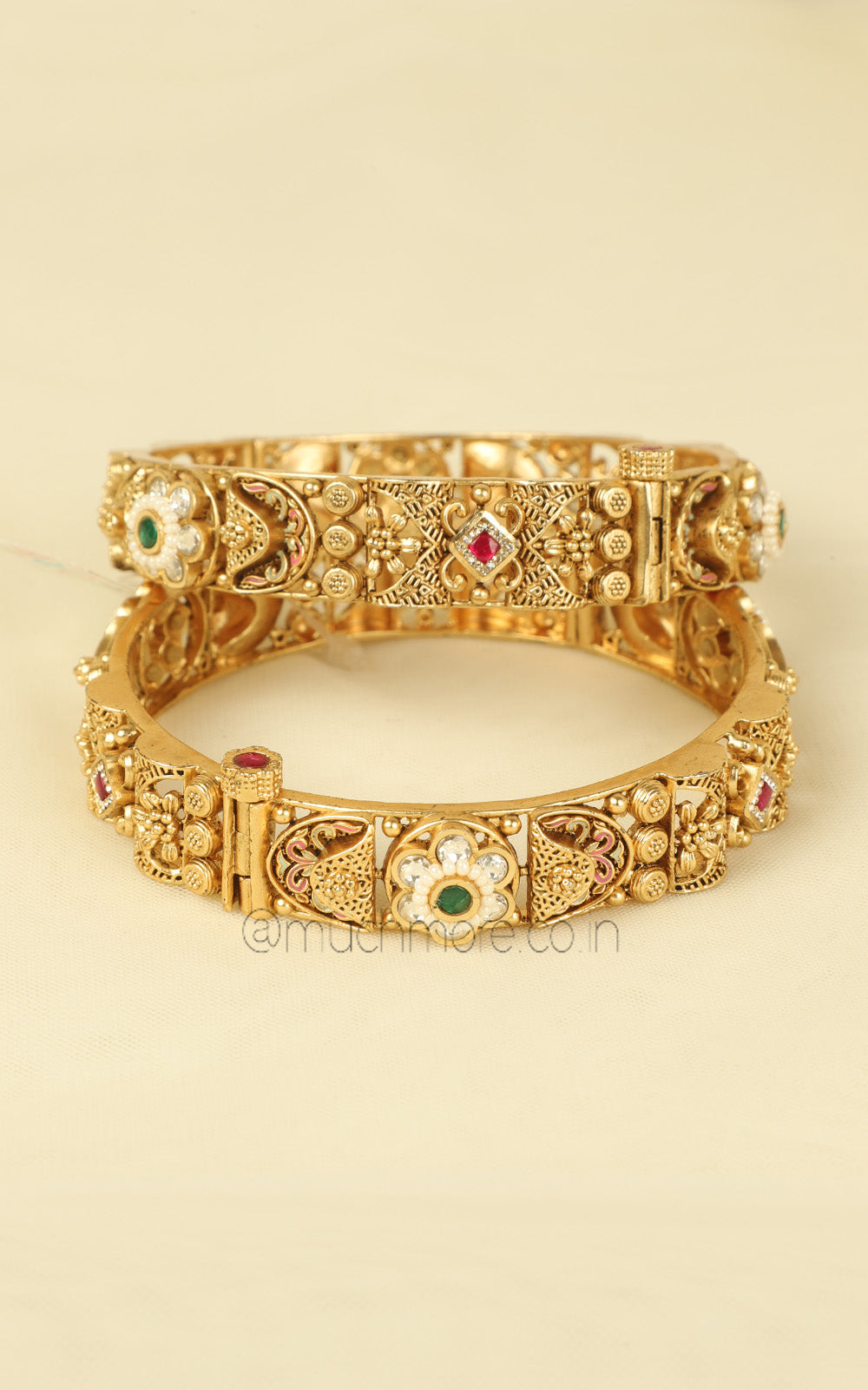 Daily Wear Gold Look Ruby Green Bangles Online In India