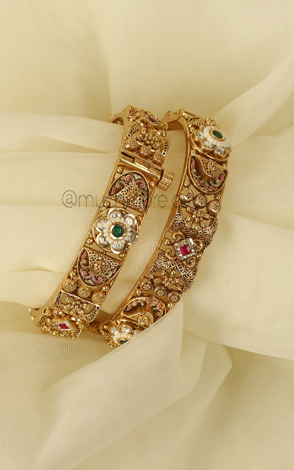 Daily Wear Gold Look Ruby Green Bangles Online In India
