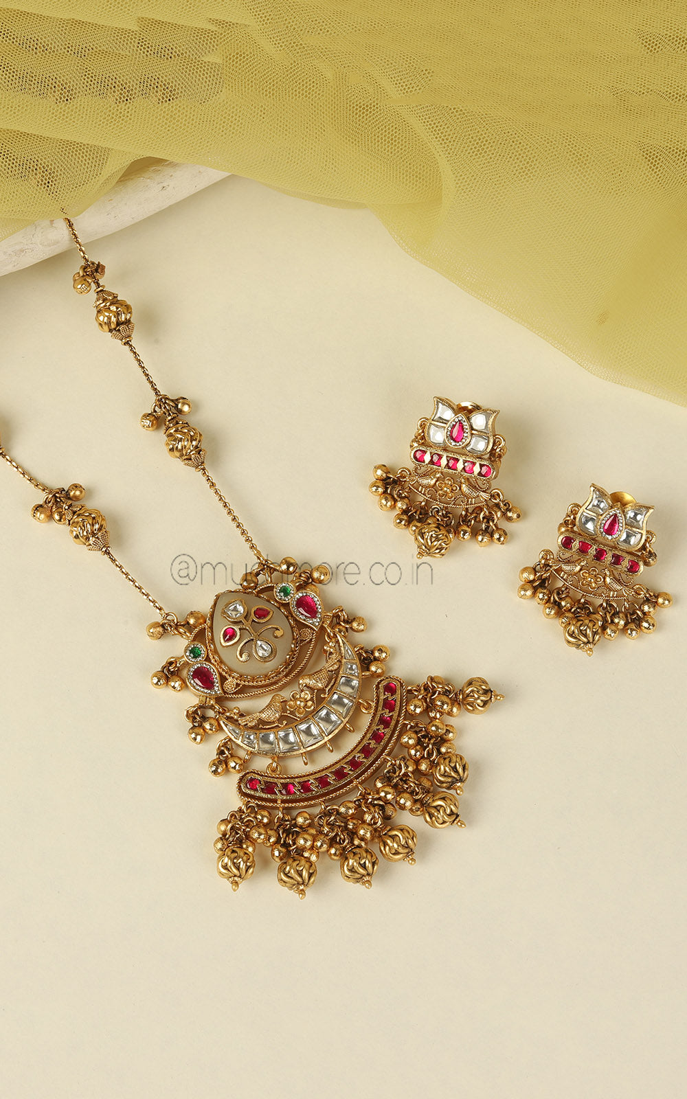 Beautiffly Designed Ruby Green Gold Look Pendant With Bird Earrings